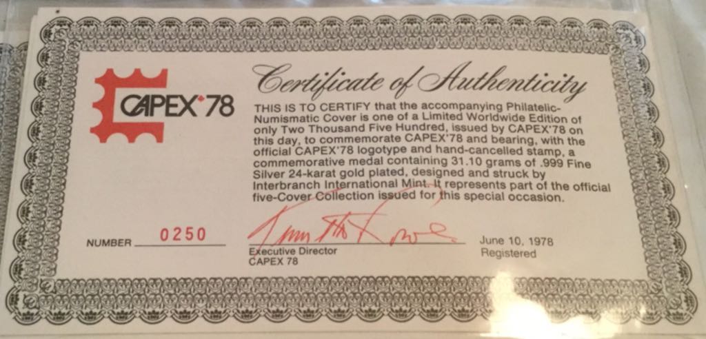 Capex ’78 Official First Day Cover And Gold Plated Medallion 14,  And 1.25 Stamps  coin collectible - Main Image 2