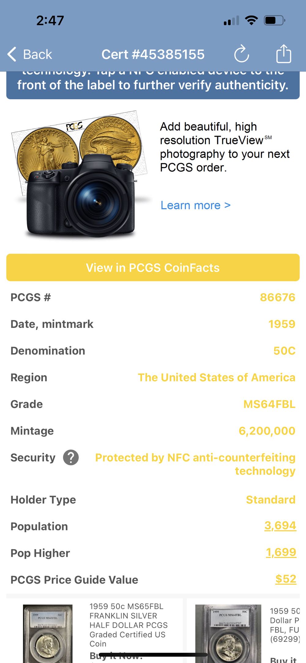 Franklin Half 1959-P (FBL)  coin collectible - Main Image 3