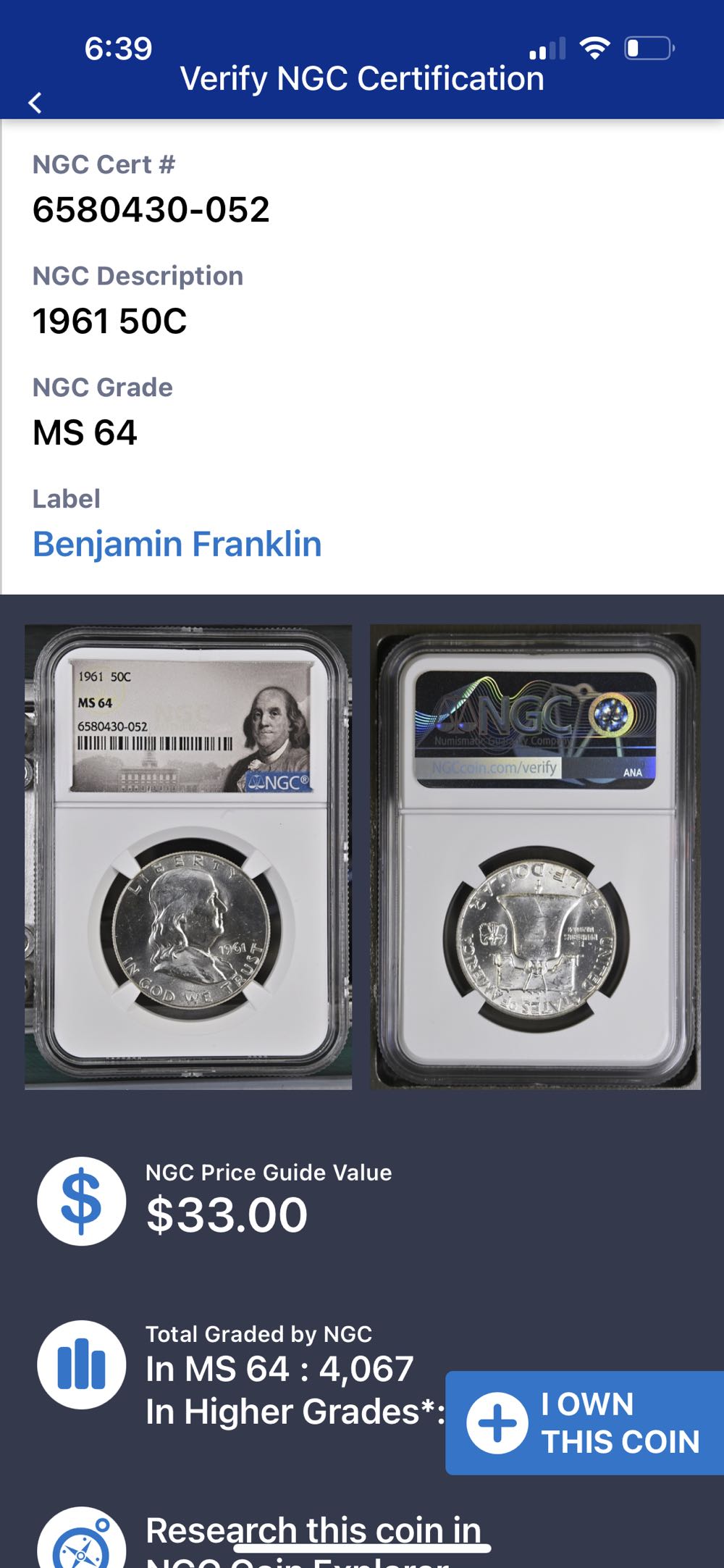 Franklin Half 1961-P  coin collectible - Main Image 3