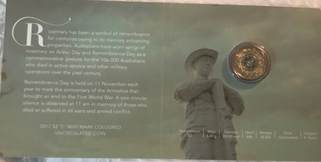 2017 Australian $2 Remembrance Day  coin collectible - Main Image 2