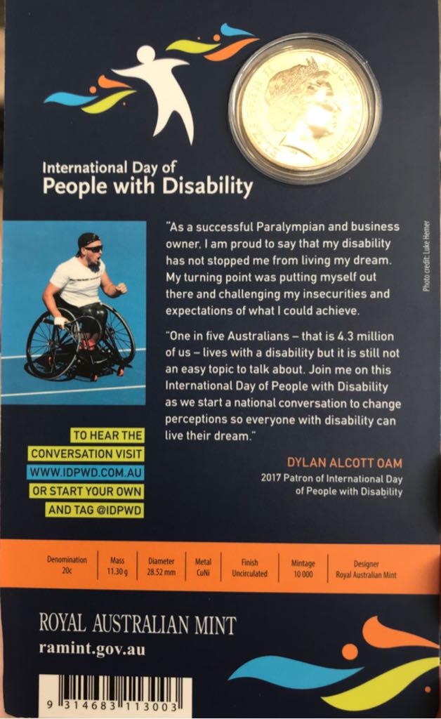 2017 Australian 20c 25th Aniversary International Day Of People With Disability coin collectible - Main Image 2