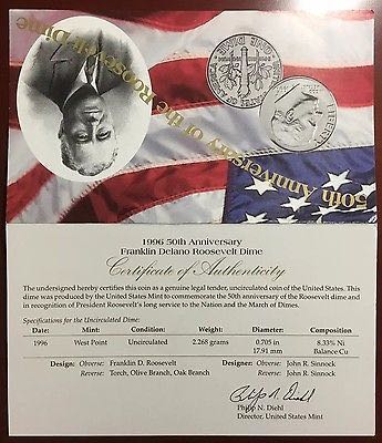 Roosevelt Dime 1996 W with COA  coin collectible - Main Image 2