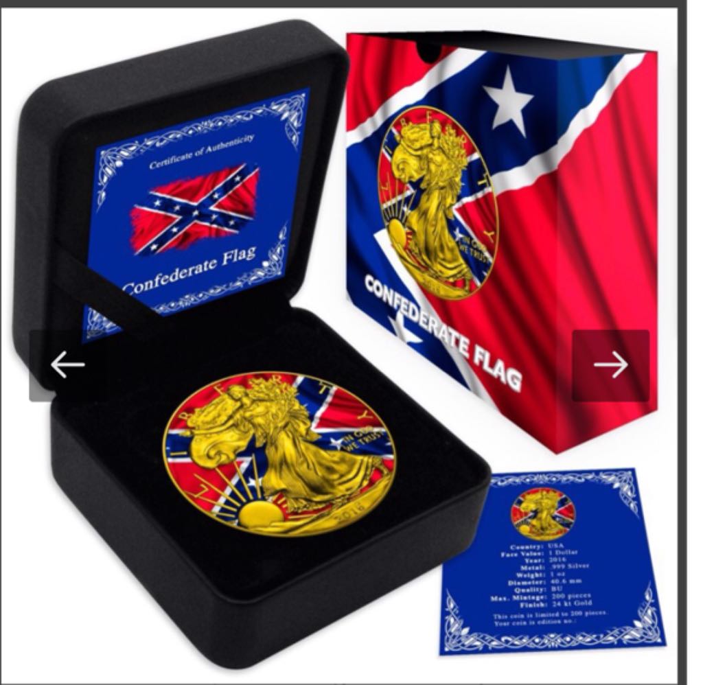 2016 Confederate Flag US Silver Eagle 1oz Silver Coin-24 Kt Gold Gilded  coin collectible - Main Image 2