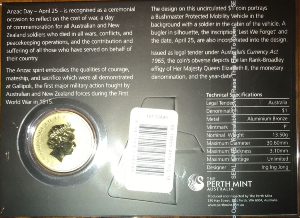 Anzac Day PNC 2016  coin collectible - Main Image 2