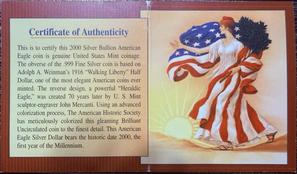 American Eagle 2000 (P) US Mint American Eagle 1oz Colorized Silver Dollar  coin collectible - Main Image 3