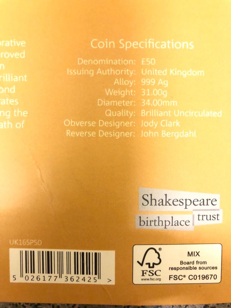 2016 Shakespeare £50 Silver proof  coin collectible - Main Image 2