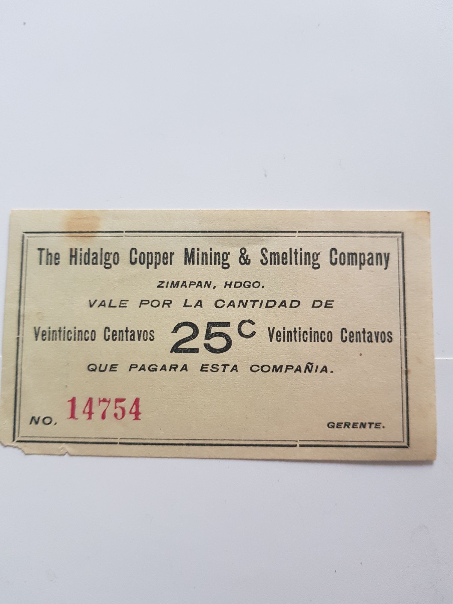 Vale .25 Centavos The Hidalgo Cooper Mining & Smelting Company  coin collectible - Main Image 2