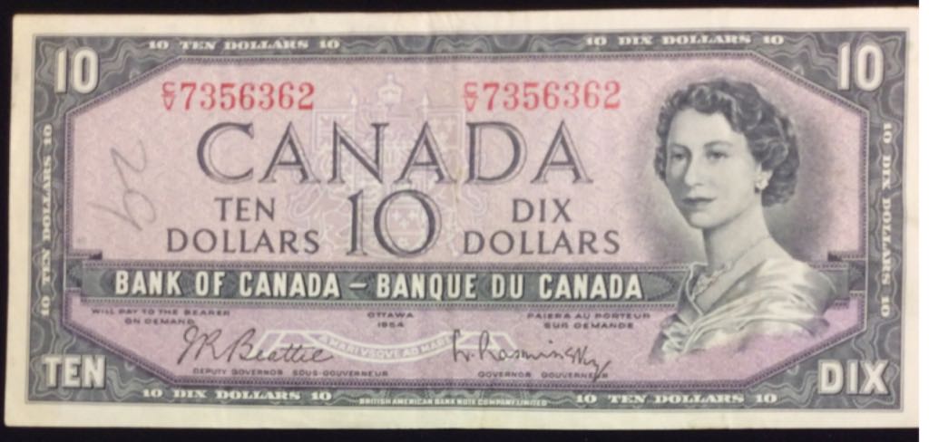 1954 Canadian $10 Dollar Queen Elisabeth II Bill  coin collectible - Main Image 1