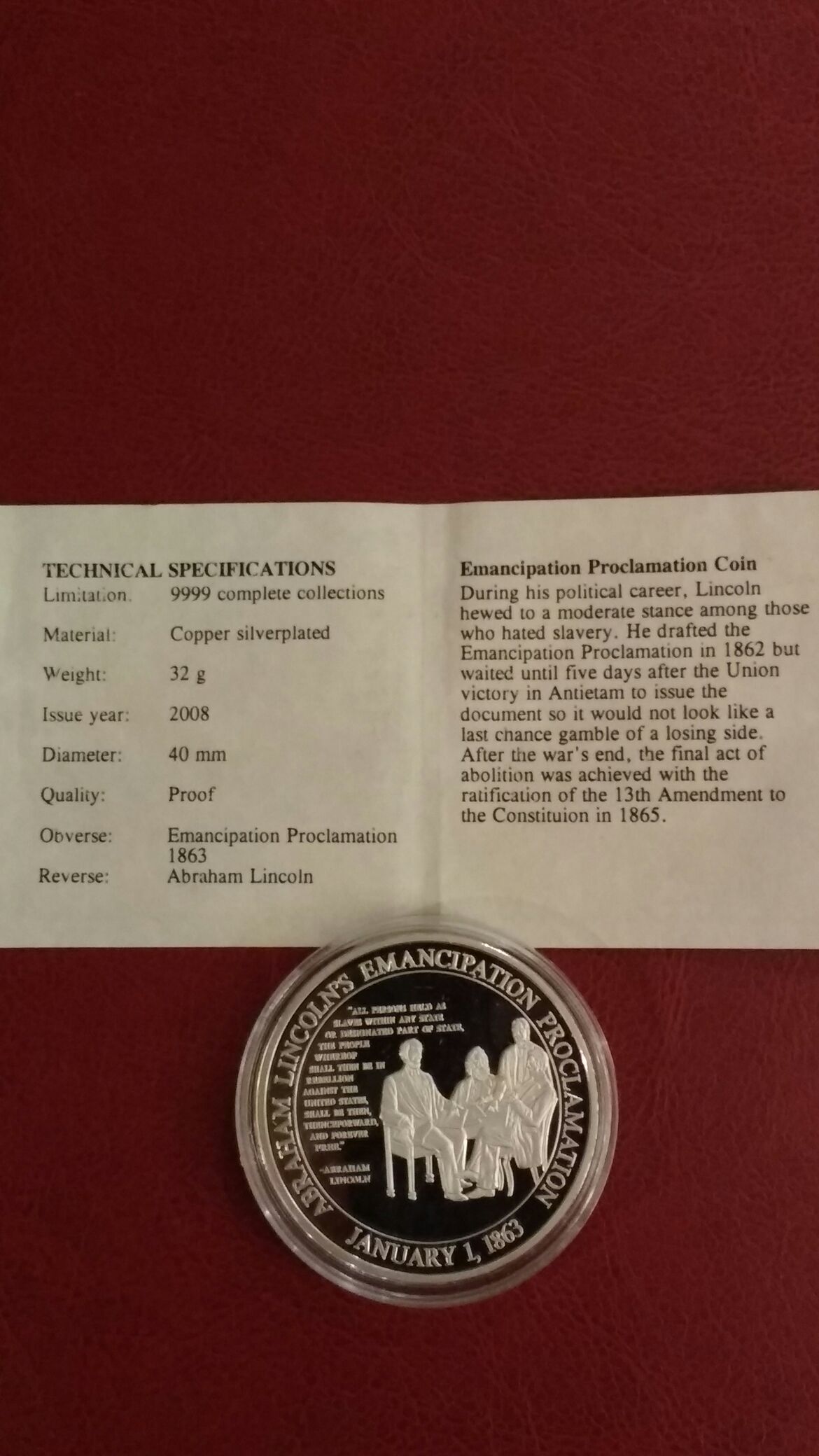 1863 Life of Abraham Lincoln Emancipation Proclamation Coin  coin collectible - Main Image 2