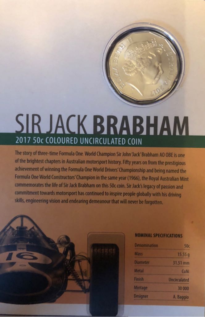 Sir Jack Brabham 50c   coin collectible - Main Image 2