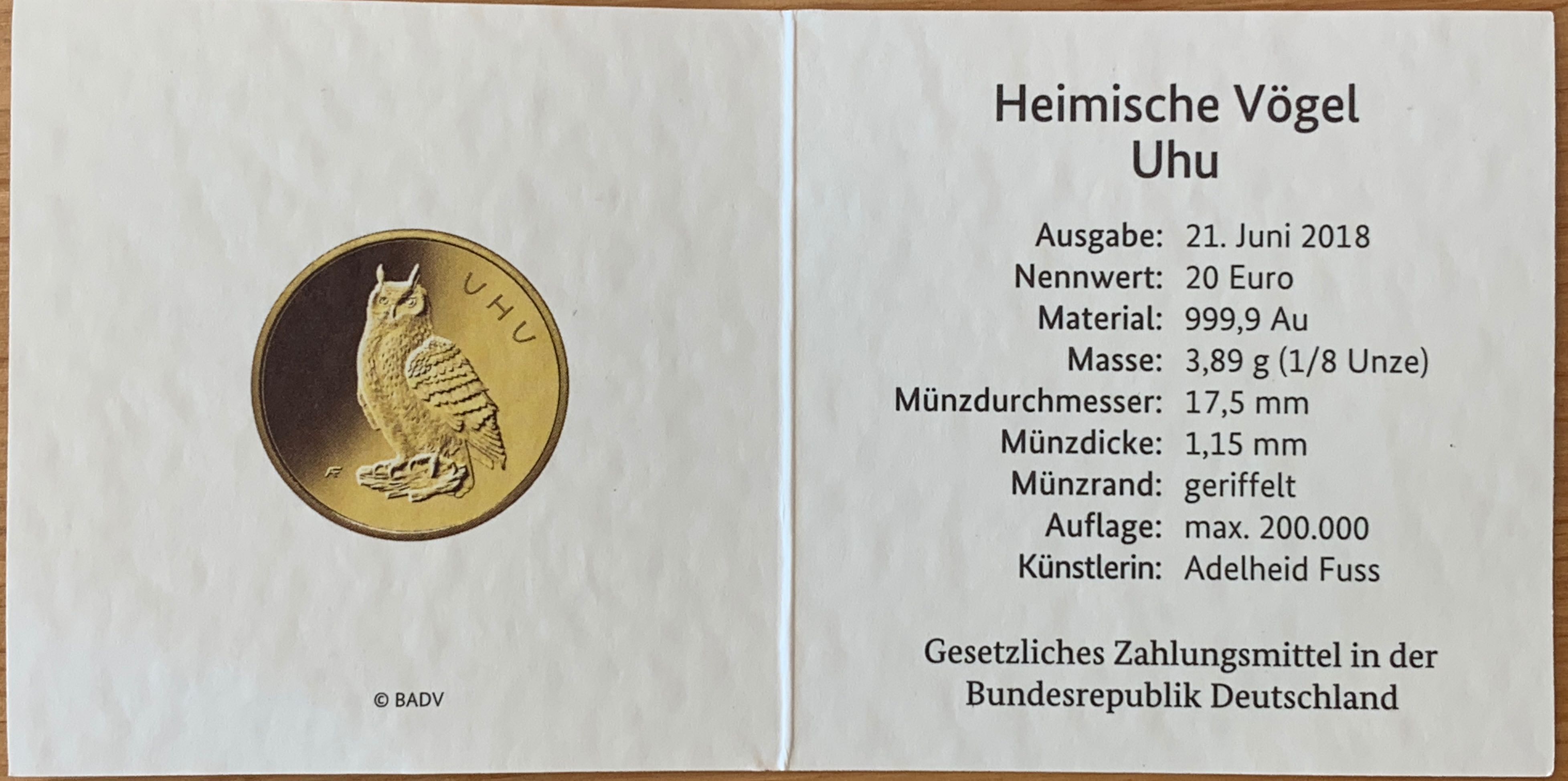 20 Euro Goldmünze 2018 „Uhu“  coin collectible - Main Image 2