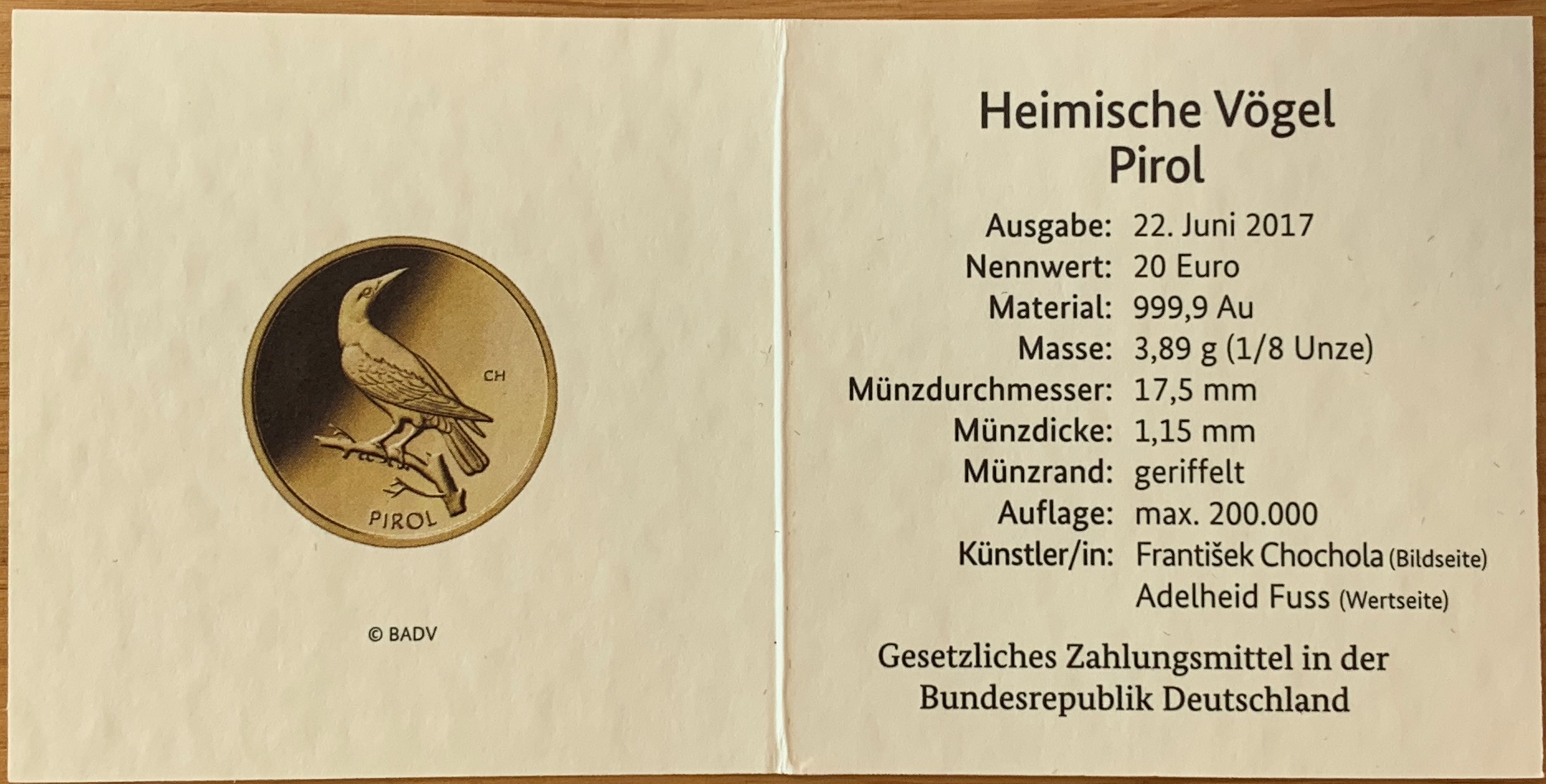 20 Euro Goldmünze 2017 „Pirol“  coin collectible - Main Image 2