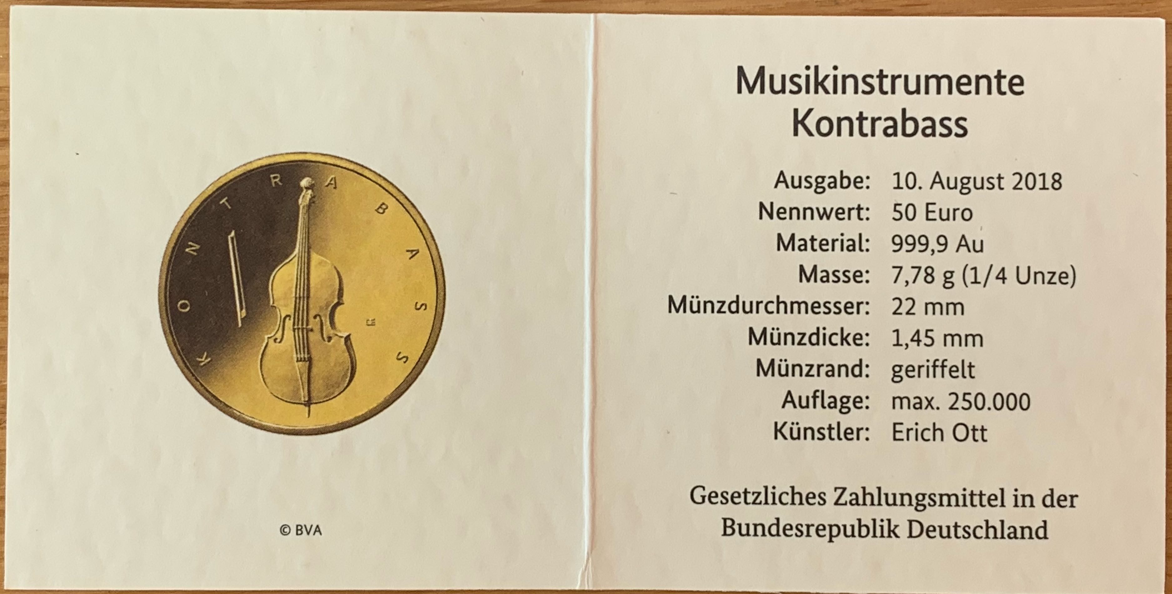 50 Euro Goldmünze 2018 „Kontrabass“  coin collectible - Main Image 3