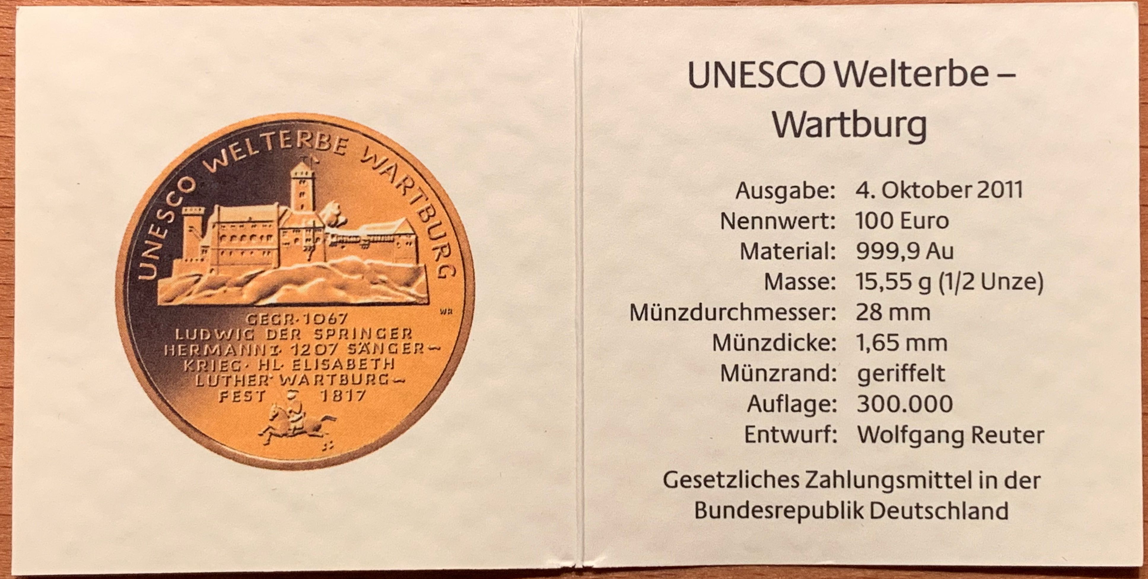 100 Euro Gold UNESCO Wartburg 2011  coin collectible - Main Image 3