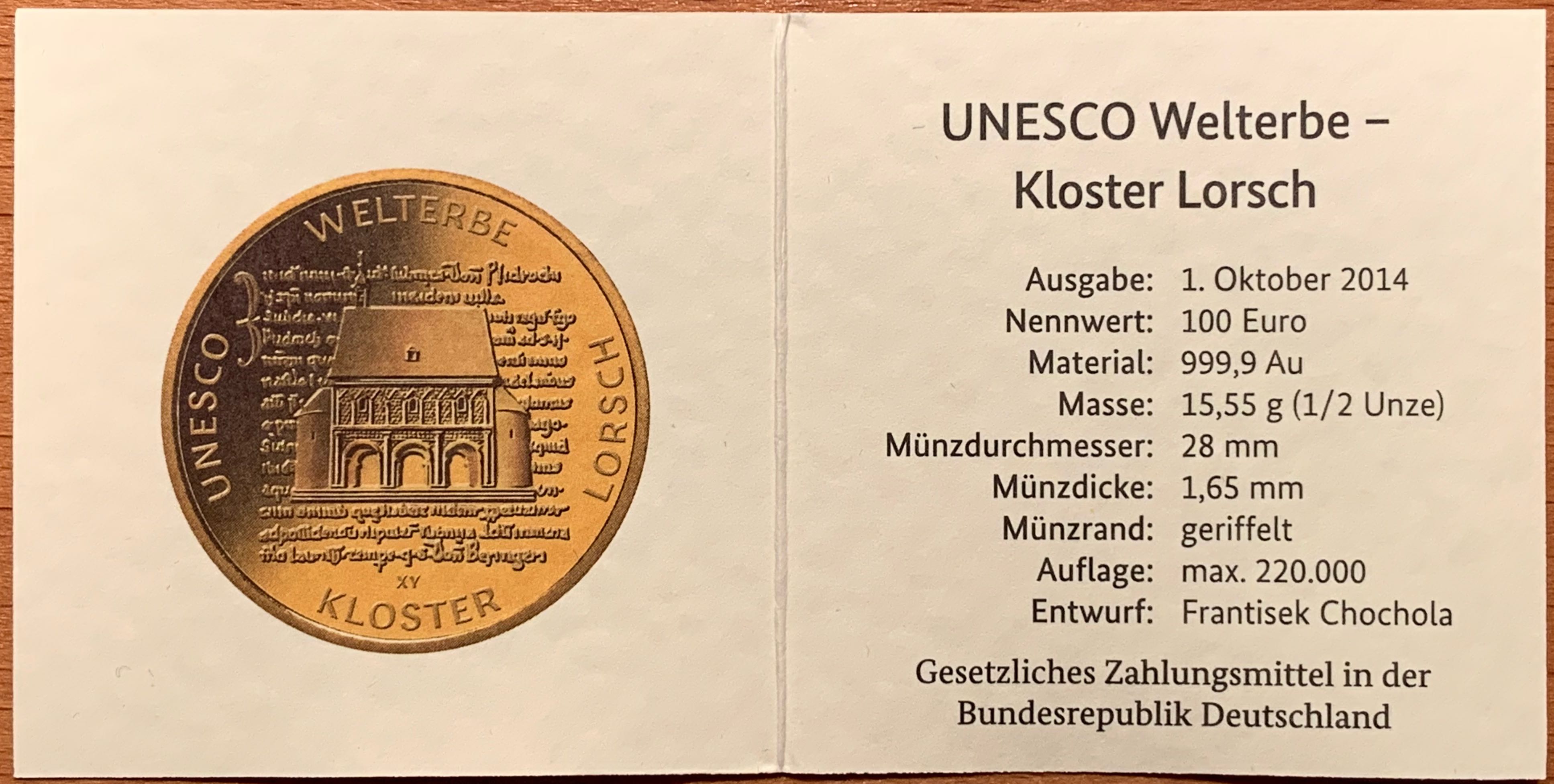 100 Euro Gold Kloster Lorsch 2014  coin collectible - Main Image 3