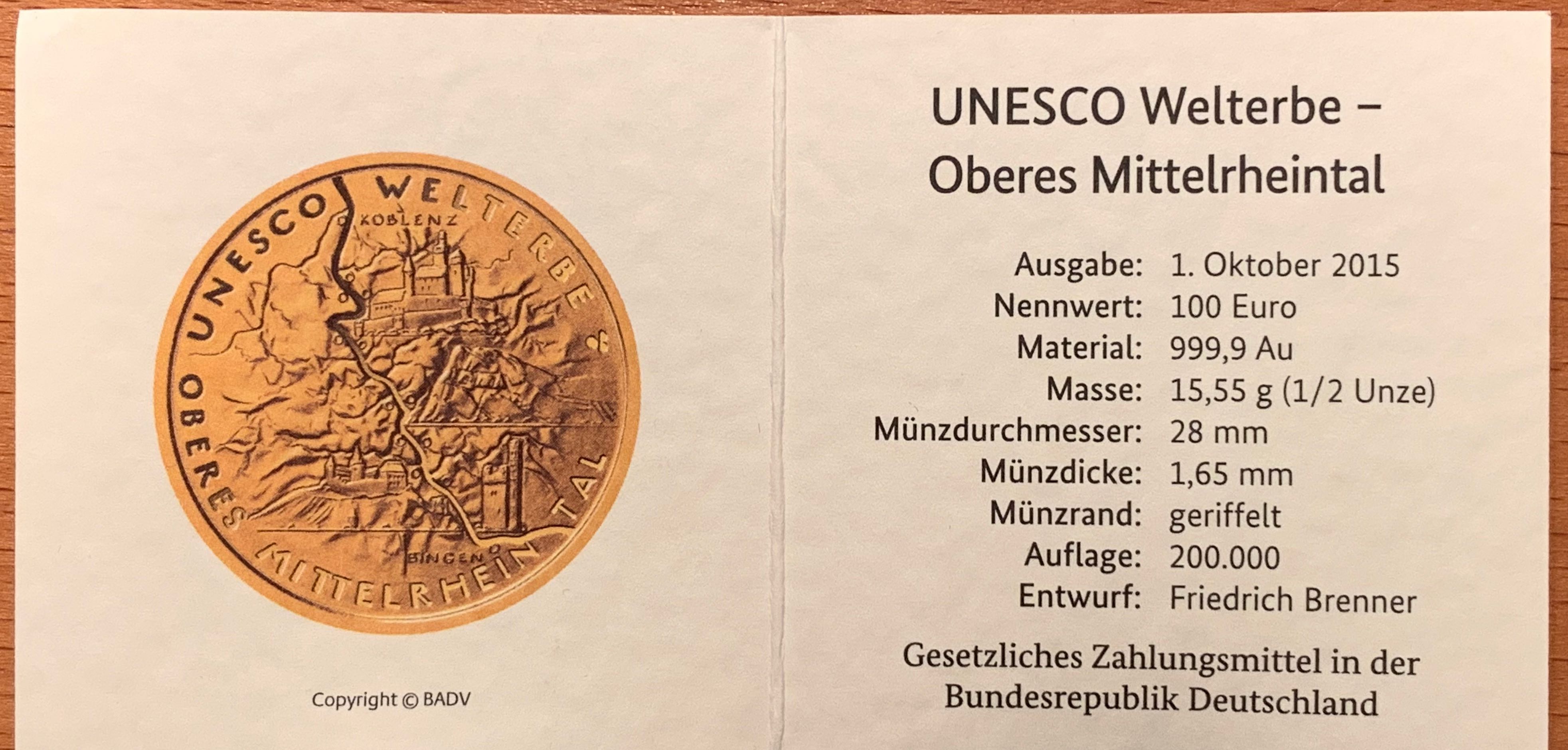 100 Euro Gold Oberes Mittelrheintal 2015  coin collectible - Main Image 3