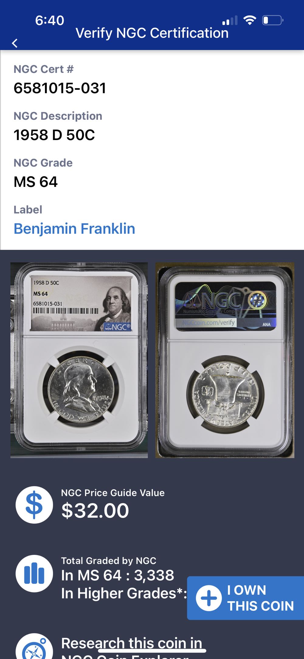 Franklin Half 1958-D  coin collectible - Main Image 3