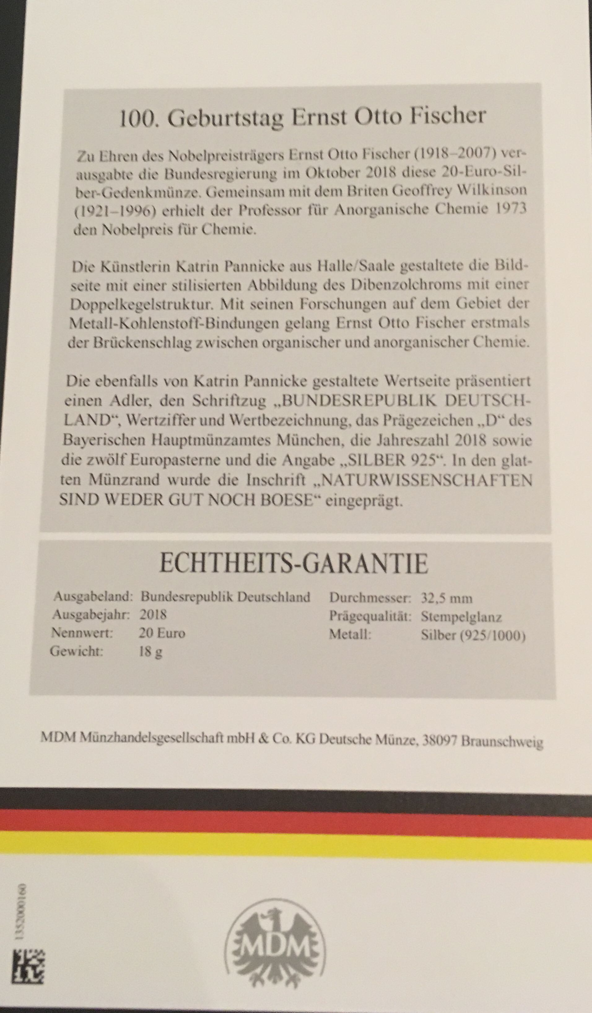 100. Geburtstag Ernsr Otto Fischer  coin collectible - Main Image 2
