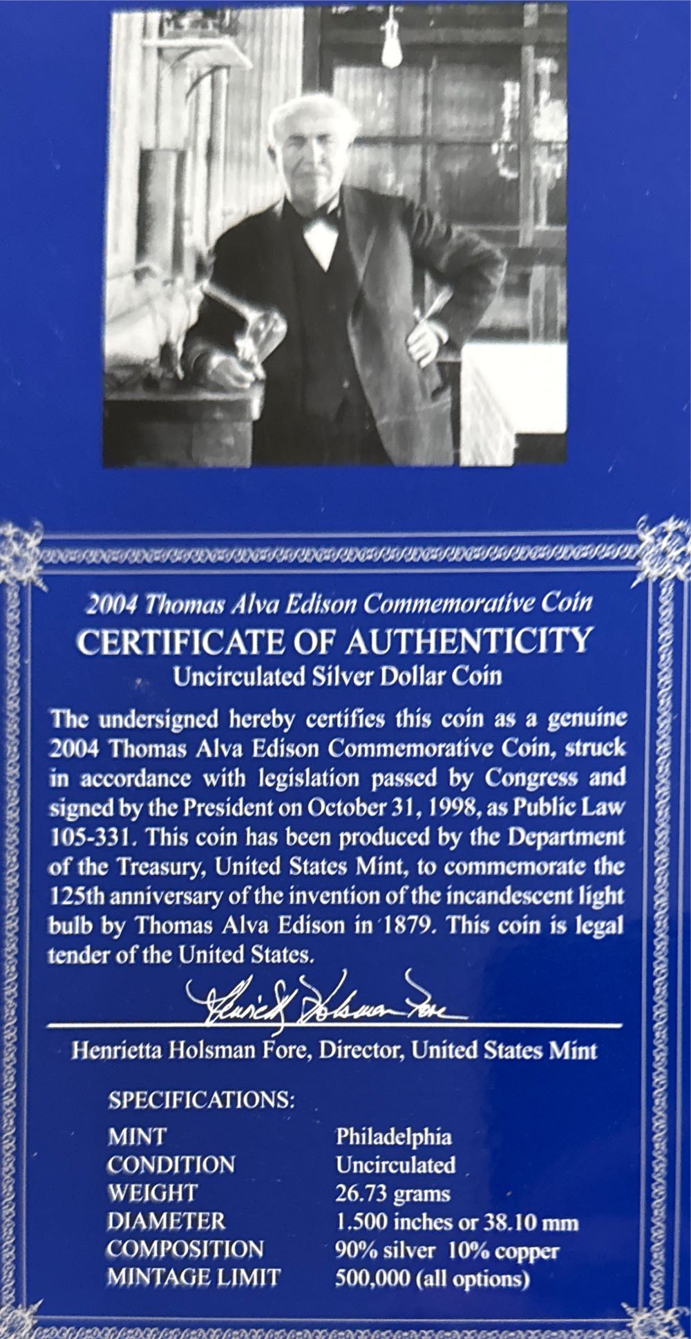 2004 Thomas Edison Silver Dollar  coin collectible - Main Image 2