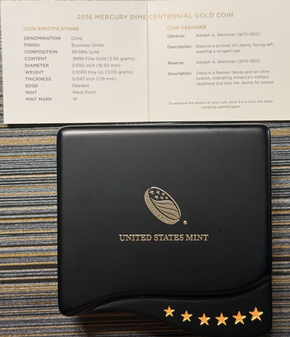 Gold 2016-W 1/10 oz Mercury Dime Centennial (w/OGP)  coin collectible - Main Image 3