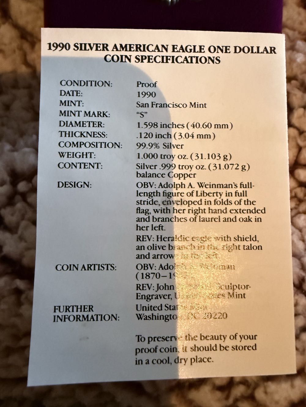 1990-S 1 oz Proof Silver American Eagle (w/Box & COA)  coin collectible - Main Image 6