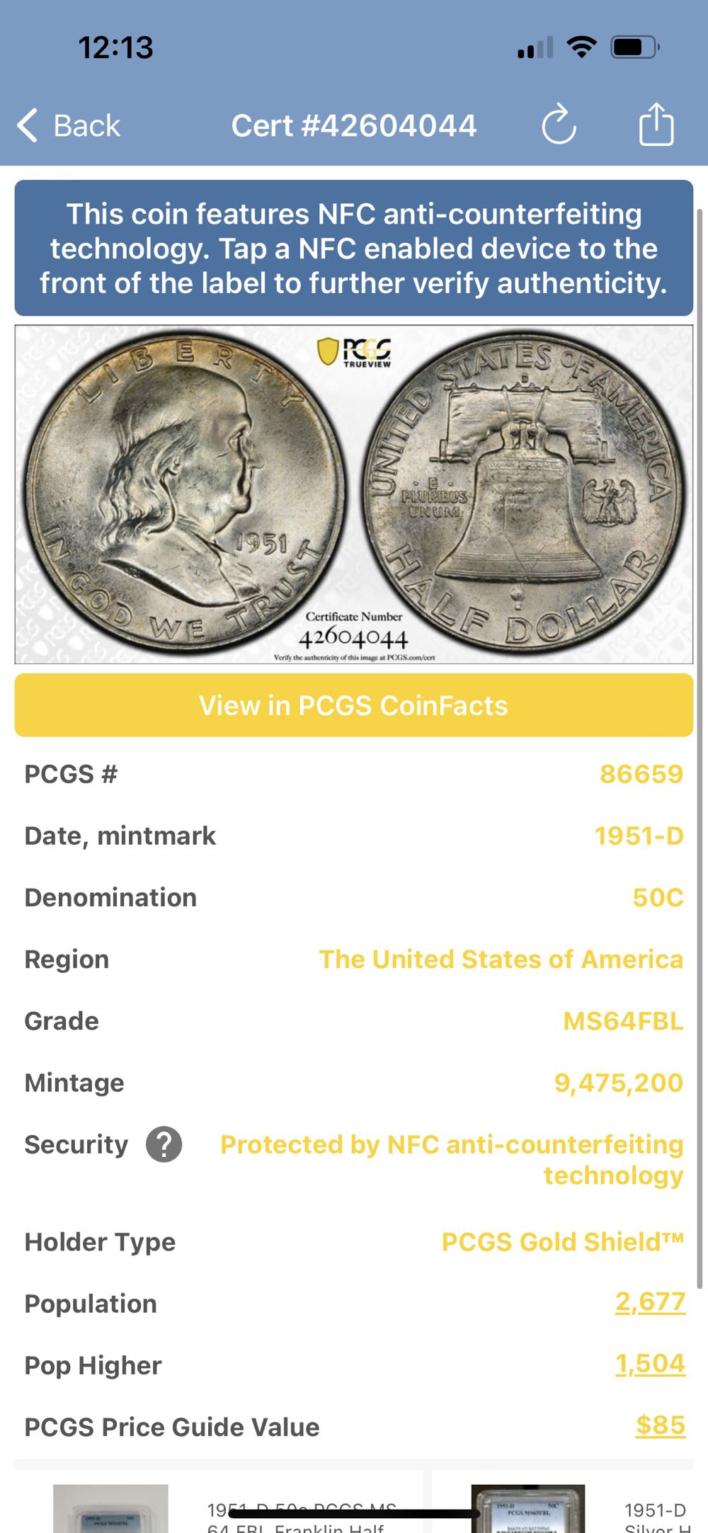 Franklin Half 1951-D (FBL)  coin collectible - Main Image 3