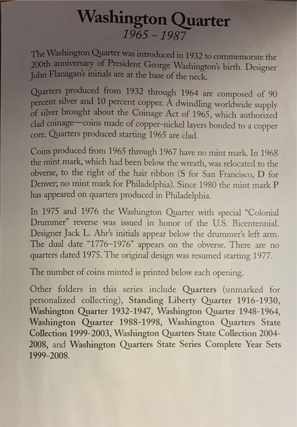 Washington Quarter 1965-1987  coin collectible [Barcode 9780937458198] - Main Image 2