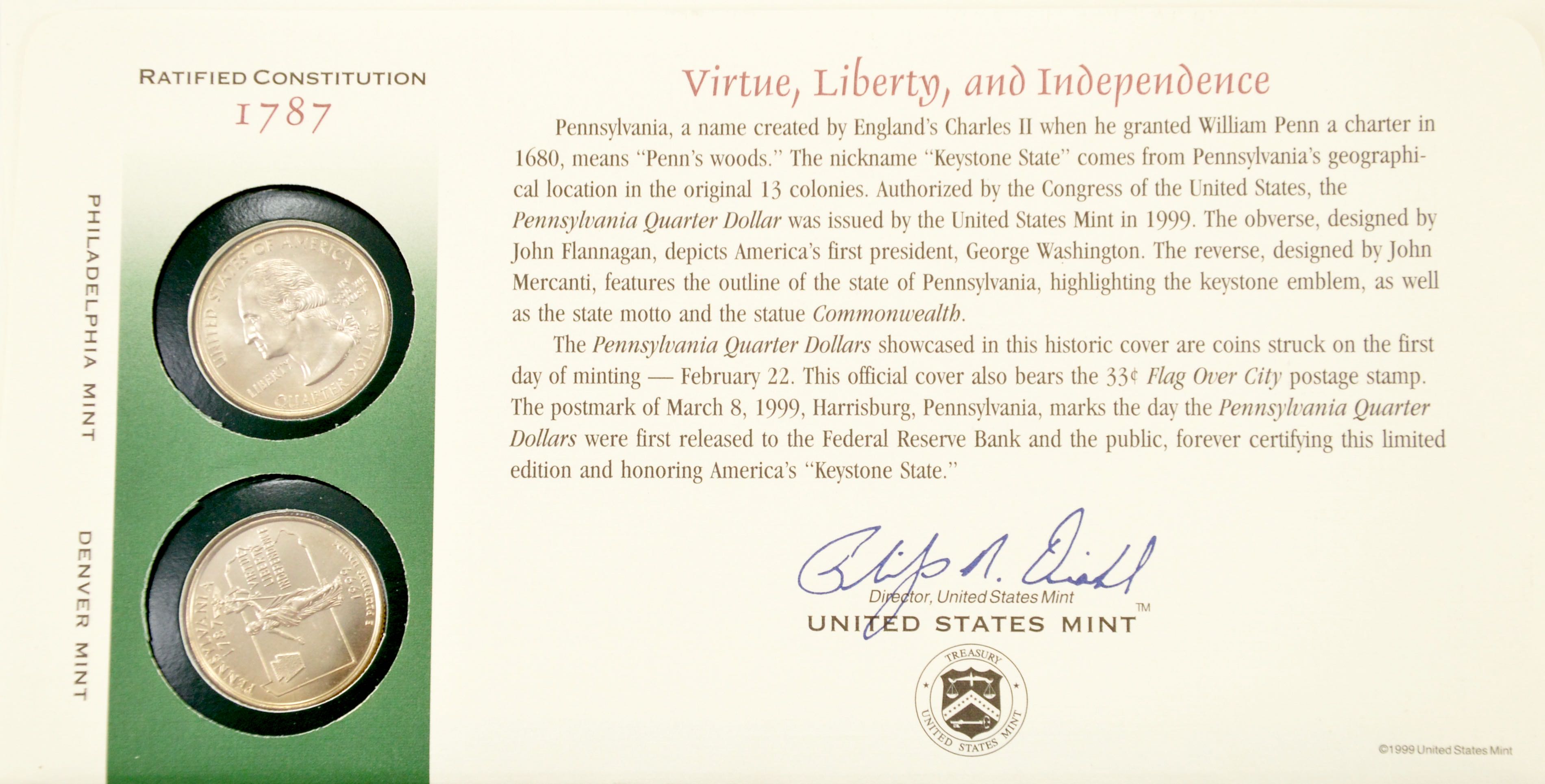 Pennsylvania State Quarter First Day Commemorative Coin Cover  coin collectible - Main Image 2