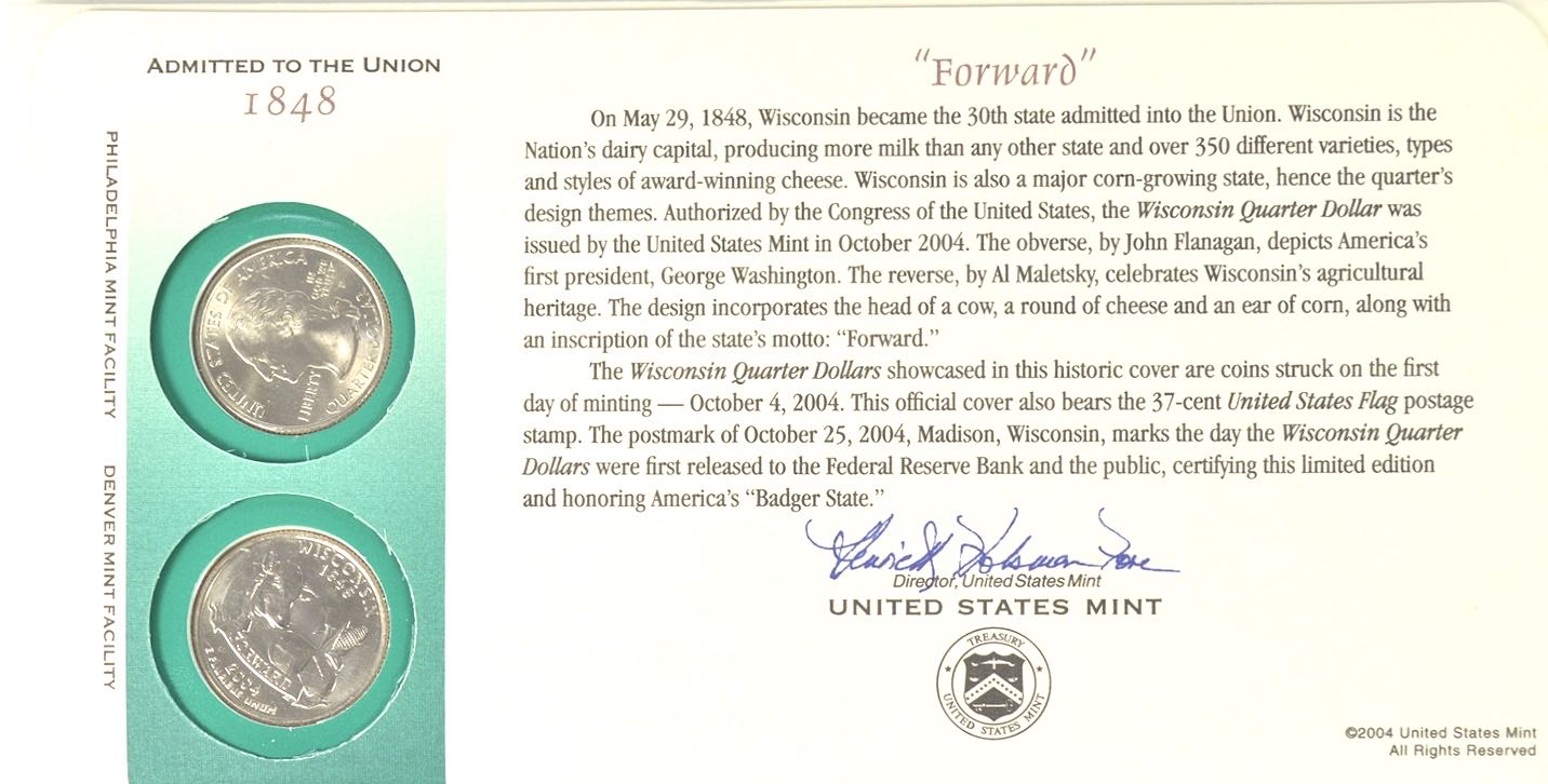 Wisconsin State Quarter First Day Commemorative Coin Cover  coin collectible - Main Image 2