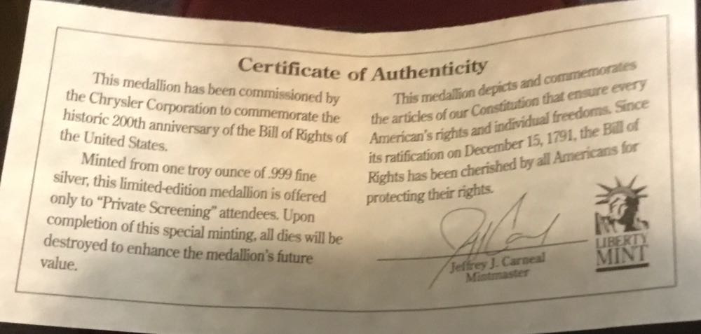 Bill of Rights Commemorative Silver Coin in Advantage Chrysler Box  coin collectible - Main Image 3