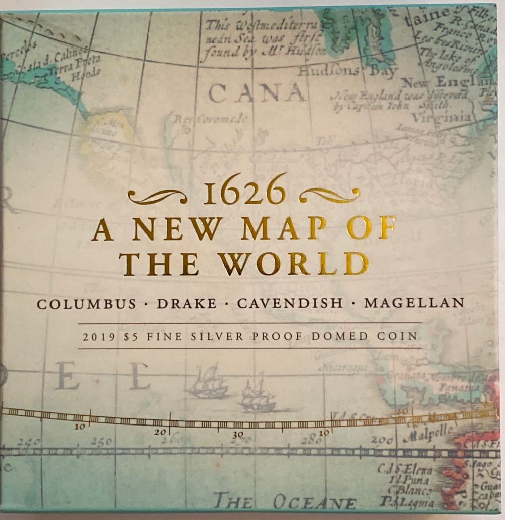 $5 2019 DOMED “1626 A NEW MAP OF THE WORLD”  coin collectible [Barcode 9314688101418] - Main Image 2