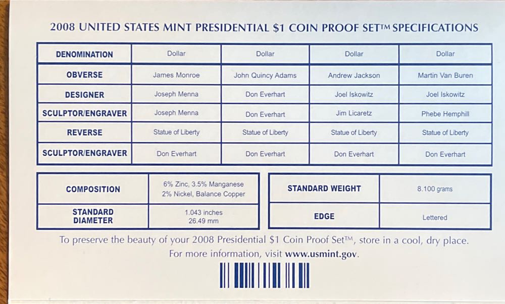 2008 US Mint Presidential $1 Proof Set  coin collectible [Barcode 704785055834] - Main Image 4