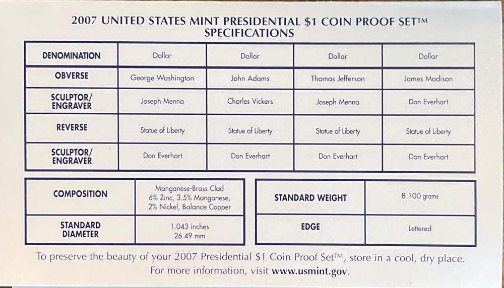 2007 Presidential $1 Coin Proof Set Ogp  coin collectible [Barcode 704785053588] - Main Image 4