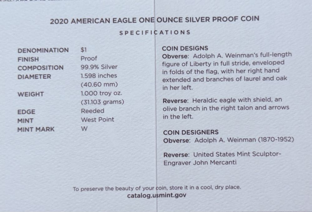 2020 American Eagle One Ounce Silver Proof Coin  coin collectible [Barcode 704786160285] - Main Image 4