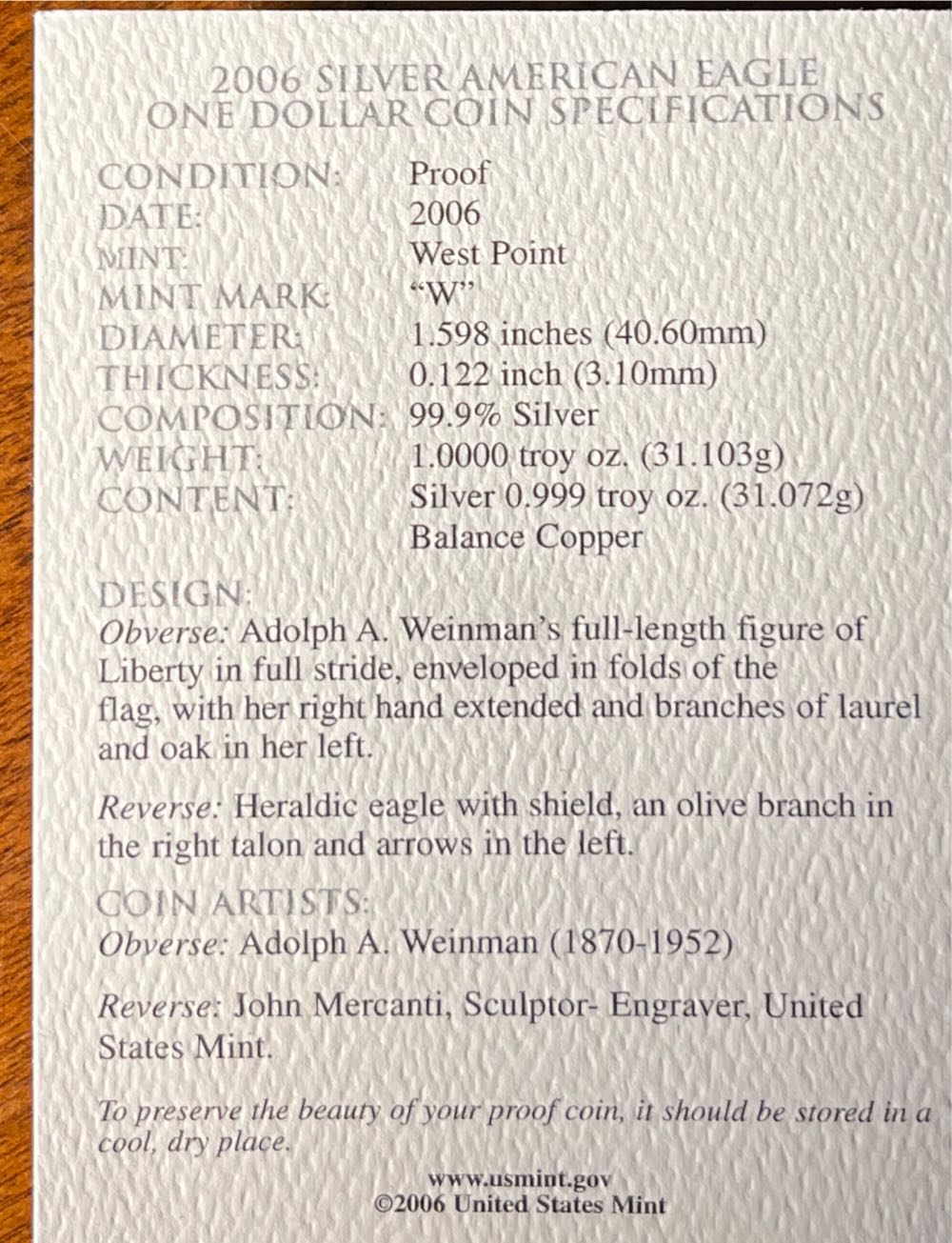 2006 American Eagle Proof 2006  coin collectible [Barcode 704785052406] - Main Image 4