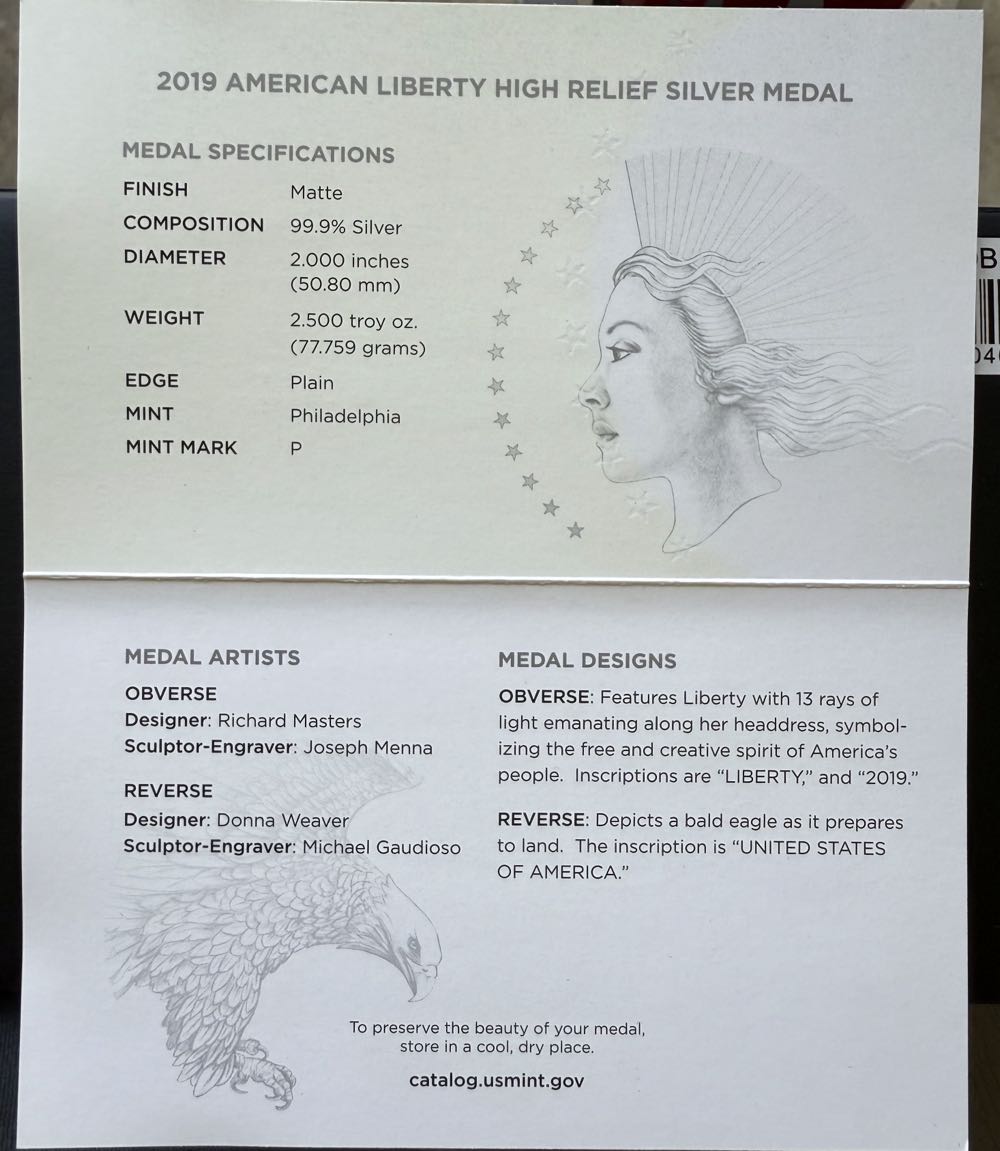 Silver Medal American Liberty High Relief 2019  coin collectible [Barcode 704786040983] - Main Image 4
