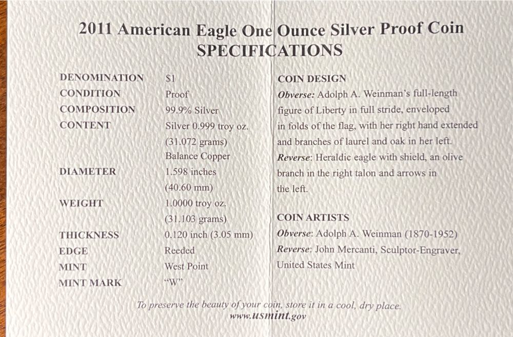 2011 US Mint American Eagle One Ounce Silver Proof  coin collectible [Barcode 704785250277] - Main Image 4