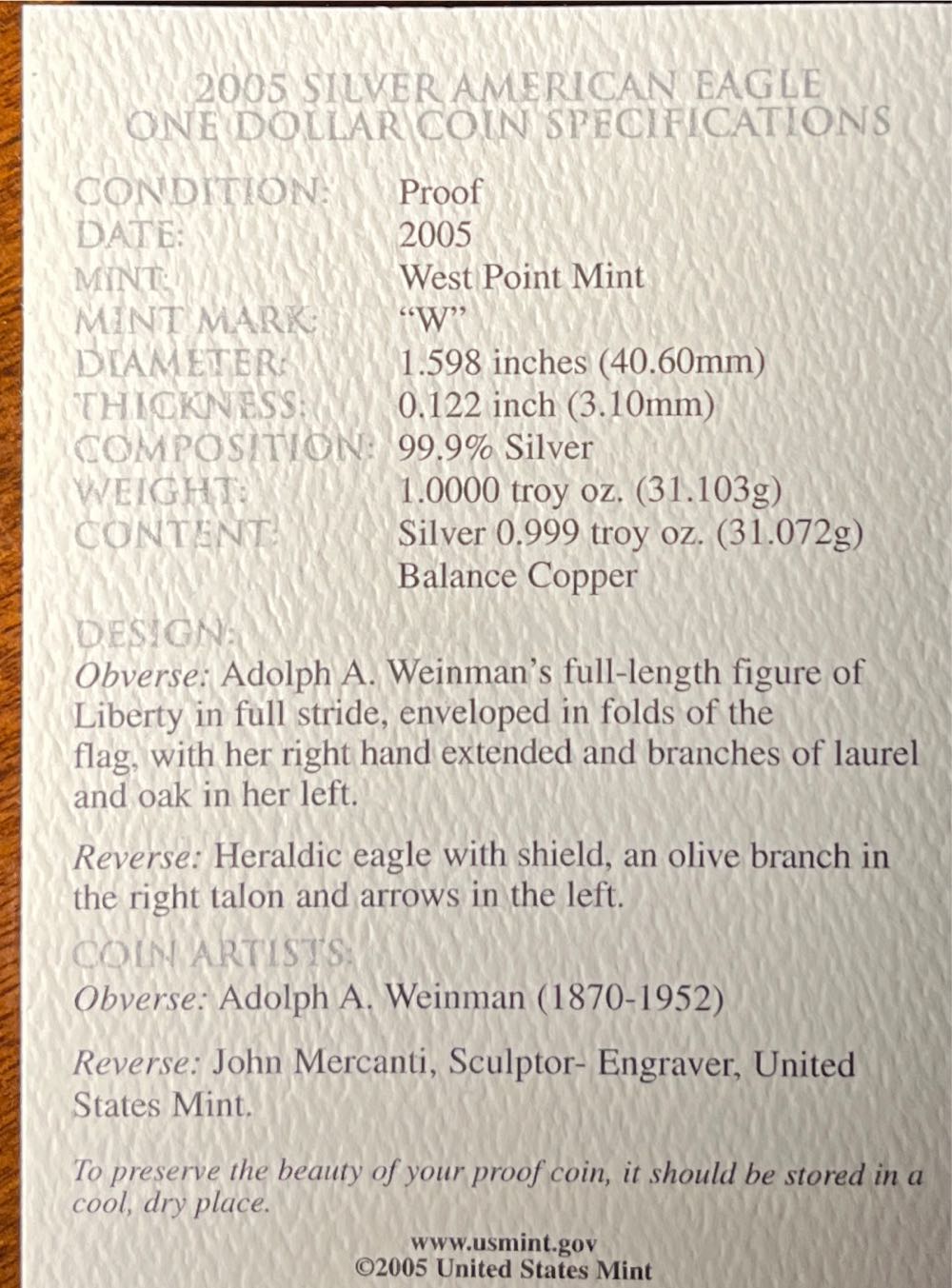 American Eagle Proof 2005  coin collectible [Barcode 704785050419] - Main Image 4