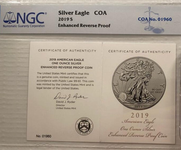 Slab American Eagle 2019-S American Silver Eagle Enhanced Reverse Proof PCGS PR70 First Day of Issue COA No. 01070  coin collectible - Main Image 3
