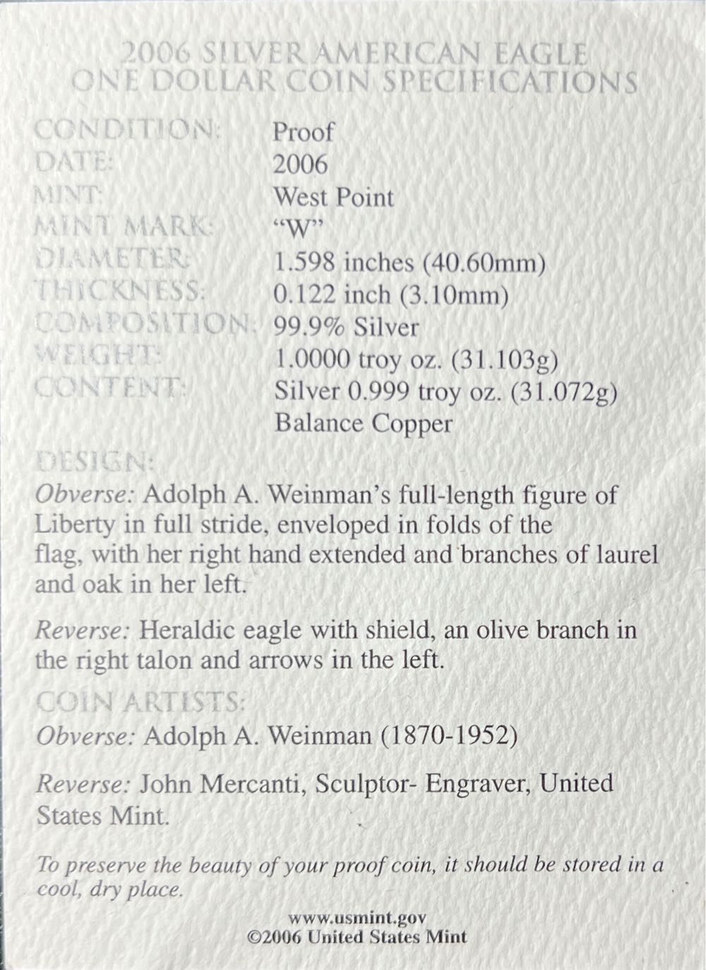 2006 US Mint American Eagle Silver Dollar Proof (W)  coin collectible - Main Image 4