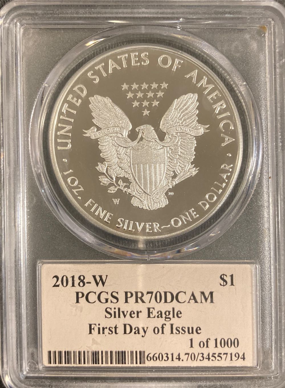 2018-W PCGS PR70DCAM SILVER EAGLE First day Of Issue 1 Of 1000  coin collectible - Main Image 2