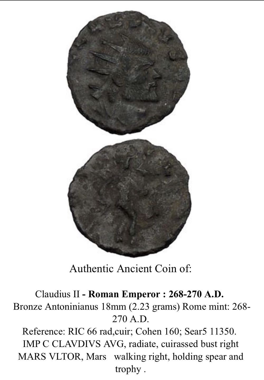 Claudius II Gothicus 268AD Ancient Roman Coin Ares Mars War God Cult  coin collectible - Main Image 4