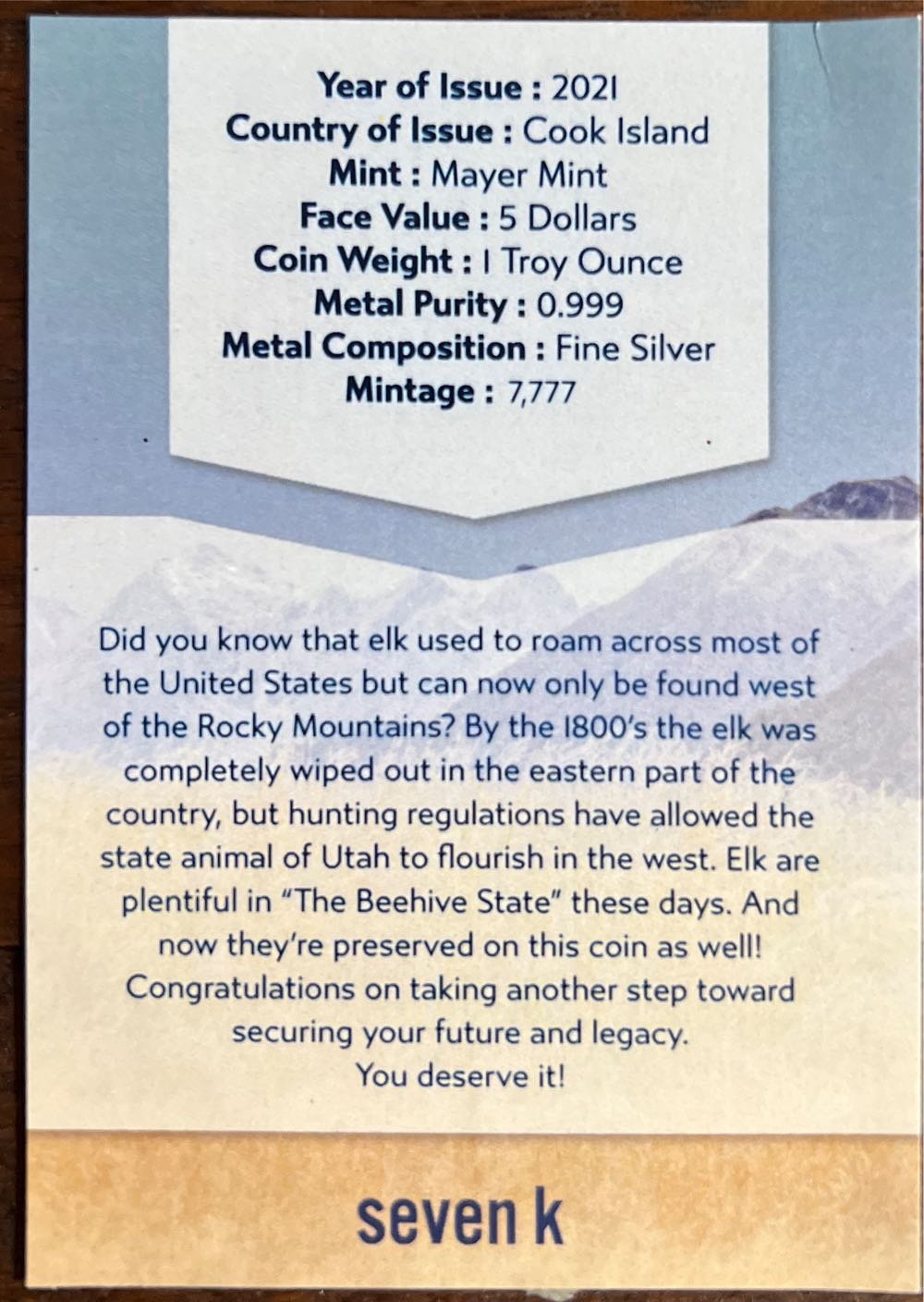 Utah - Rocky Mountain Elk  coin collectible - Main Image 4