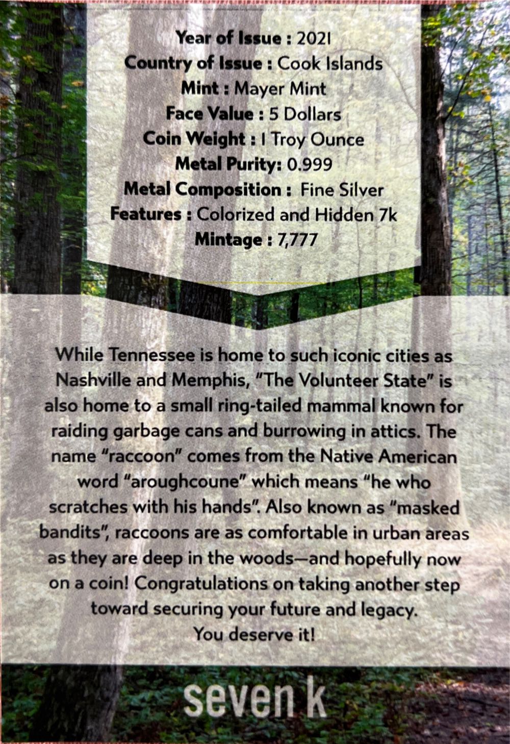 Tennessee - Racccoon  coin collectible - Main Image 4