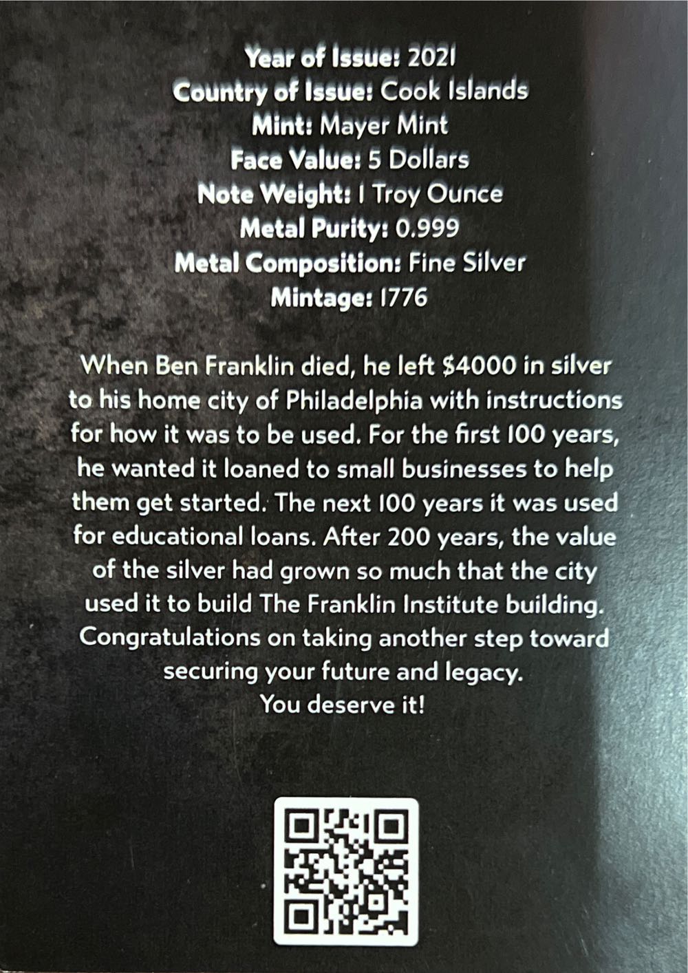 Benjamin Franklin-1oz American Life  coin collectible - Main Image 4