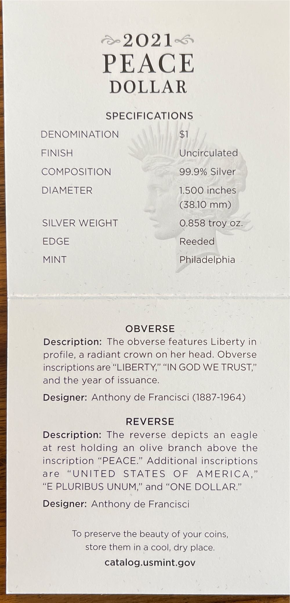 2021 P Peace S$1 - Uncirculated  coin collectible [Barcode 704786260527] - Main Image 4