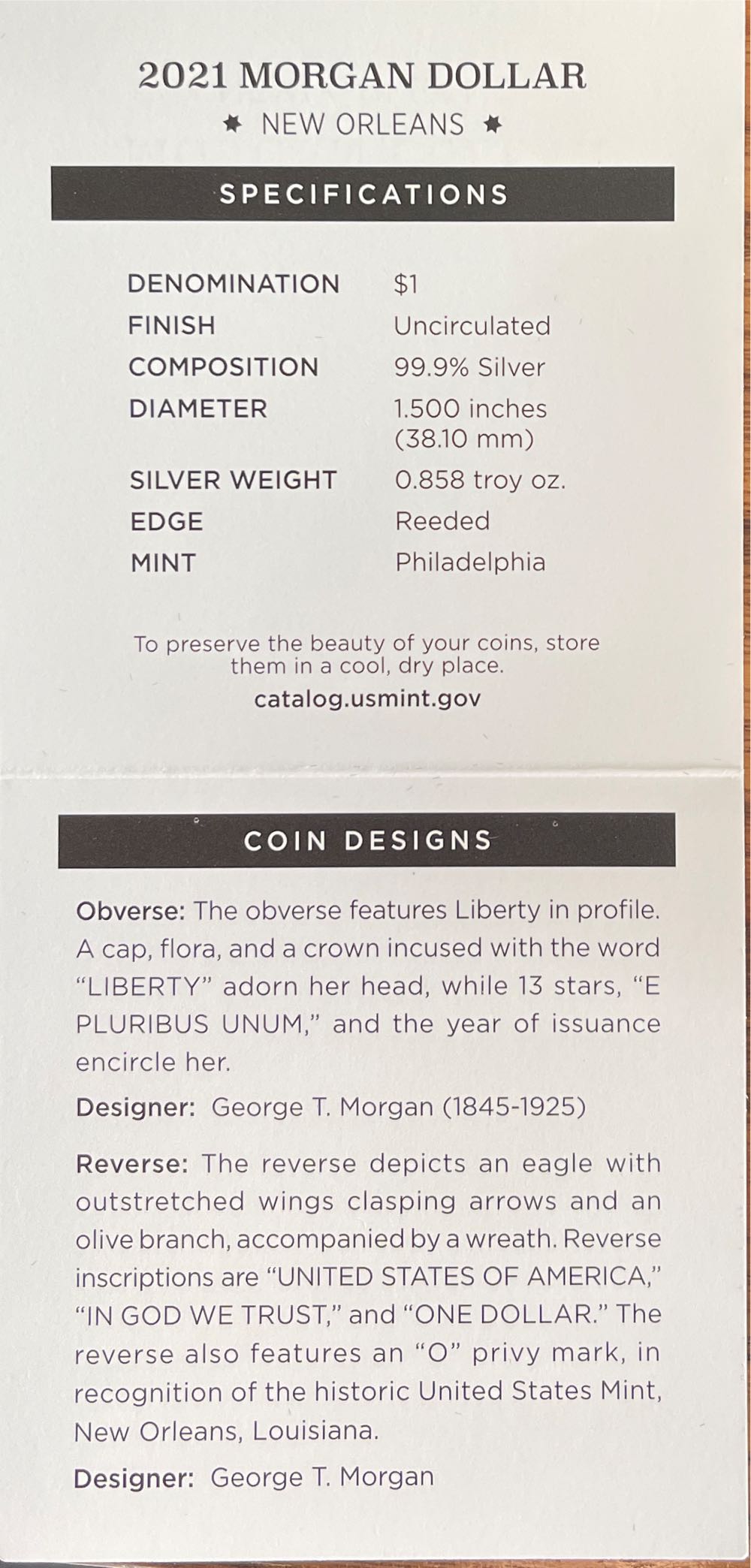 Morgan 2021-O US Mint Silver Dollar New Orleans Mint  coin collectible [Barcode 704786260480] - Main Image 4