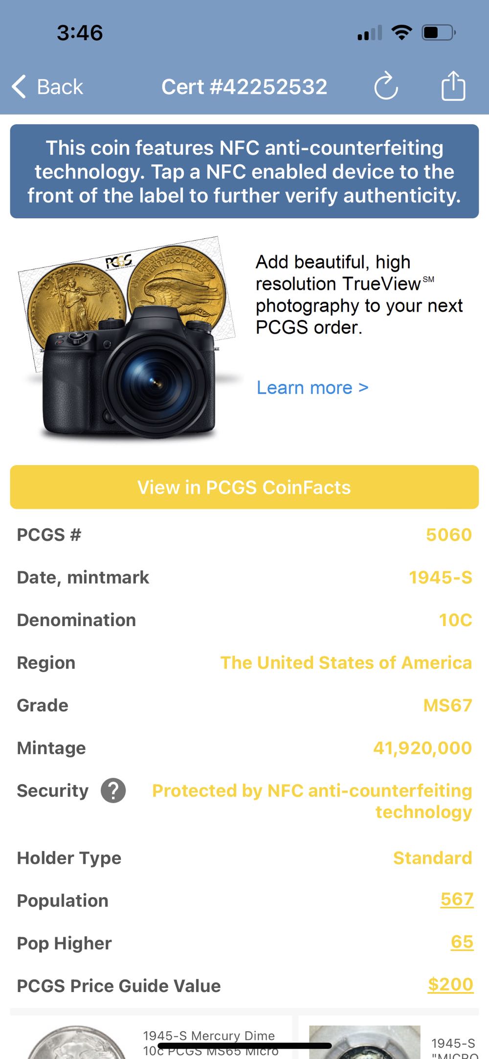 Mercury Dime 1945-S  coin collectible - Main Image 3