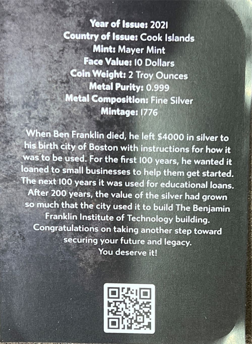 Bejamin Franklin-2oz American Life  coin collectible - Main Image 4