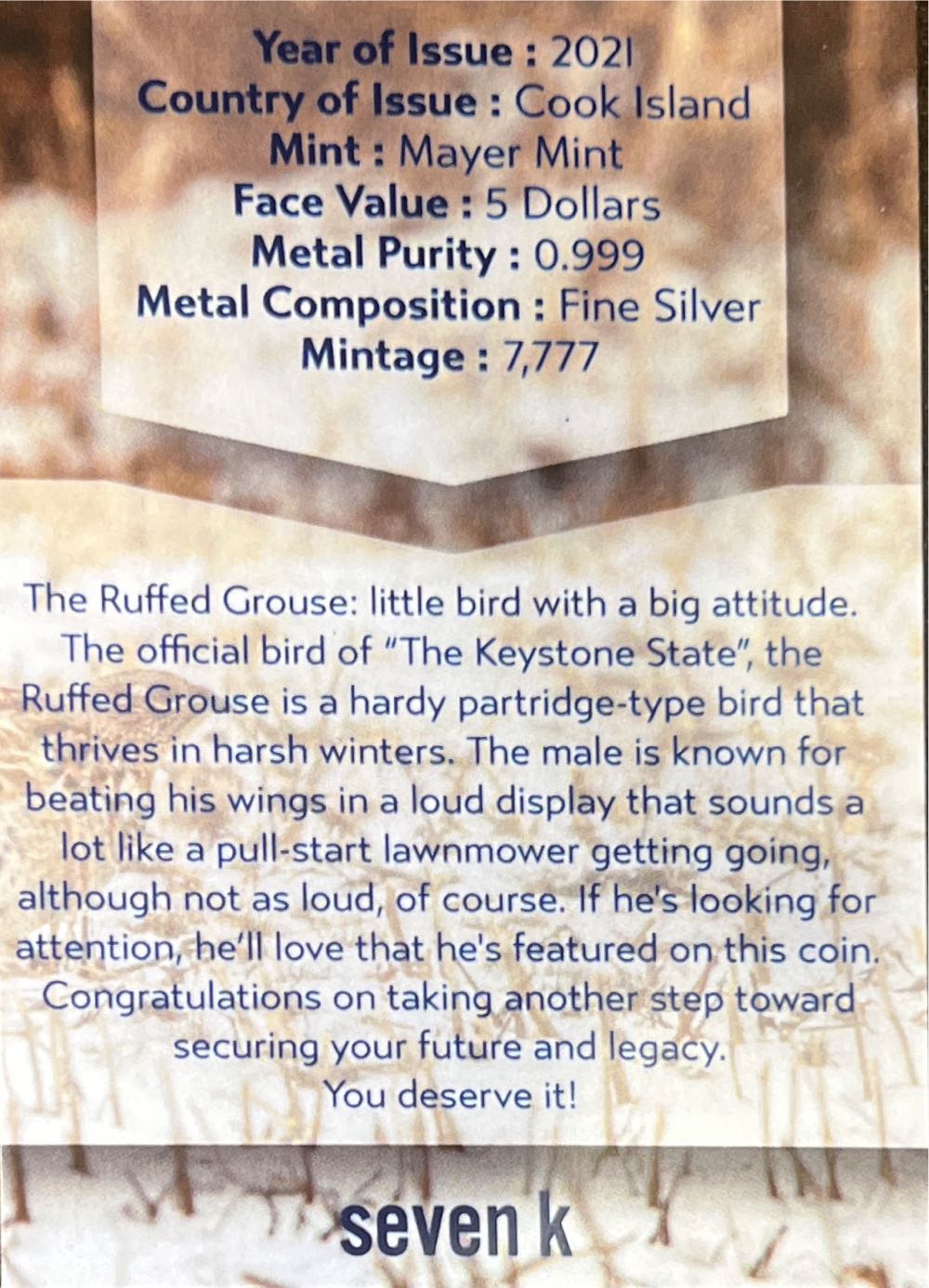 Pennsylvania-Ruffed Grouse  coin collectible - Main Image 4